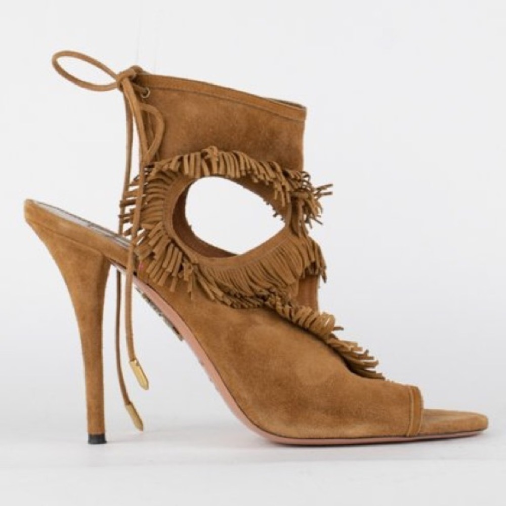 Aquazzura Cognac Brown Suede Sexy Fringe Lace Up Cut Out Sandal 105 Heels EUC 40